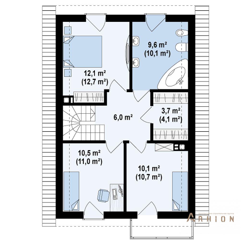 3. Проект одноэтажного дома в финском стиле с двускатной кровлей, Z38 dk, площадью - 110 кв c мансардой, терассой, балконом